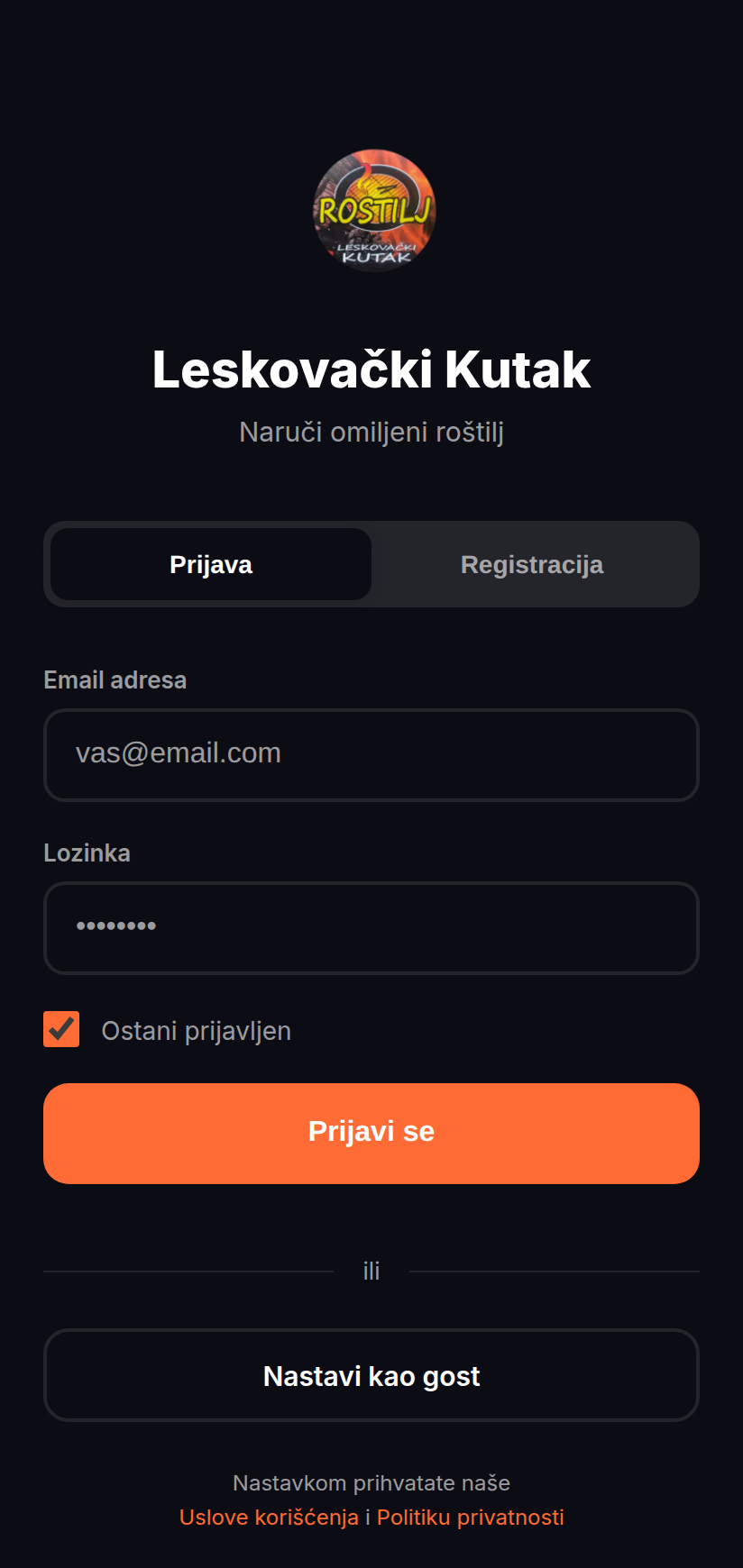 Klijent PWA login ekran sa Prijava / Registracija