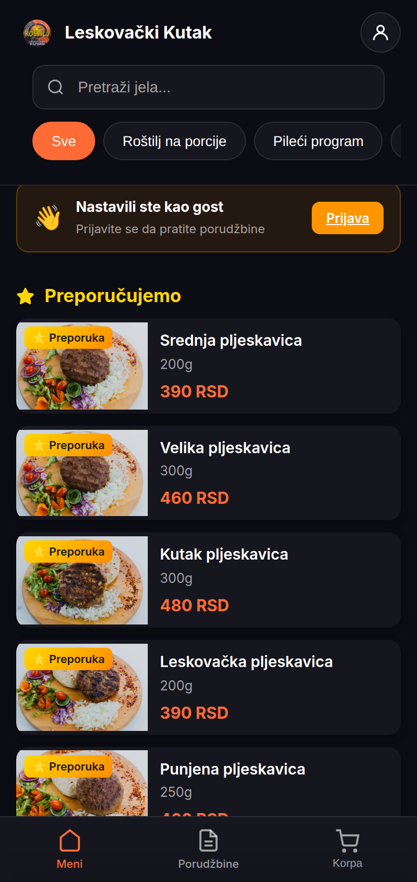 Klijent PWA — pregled menija sa pretragom