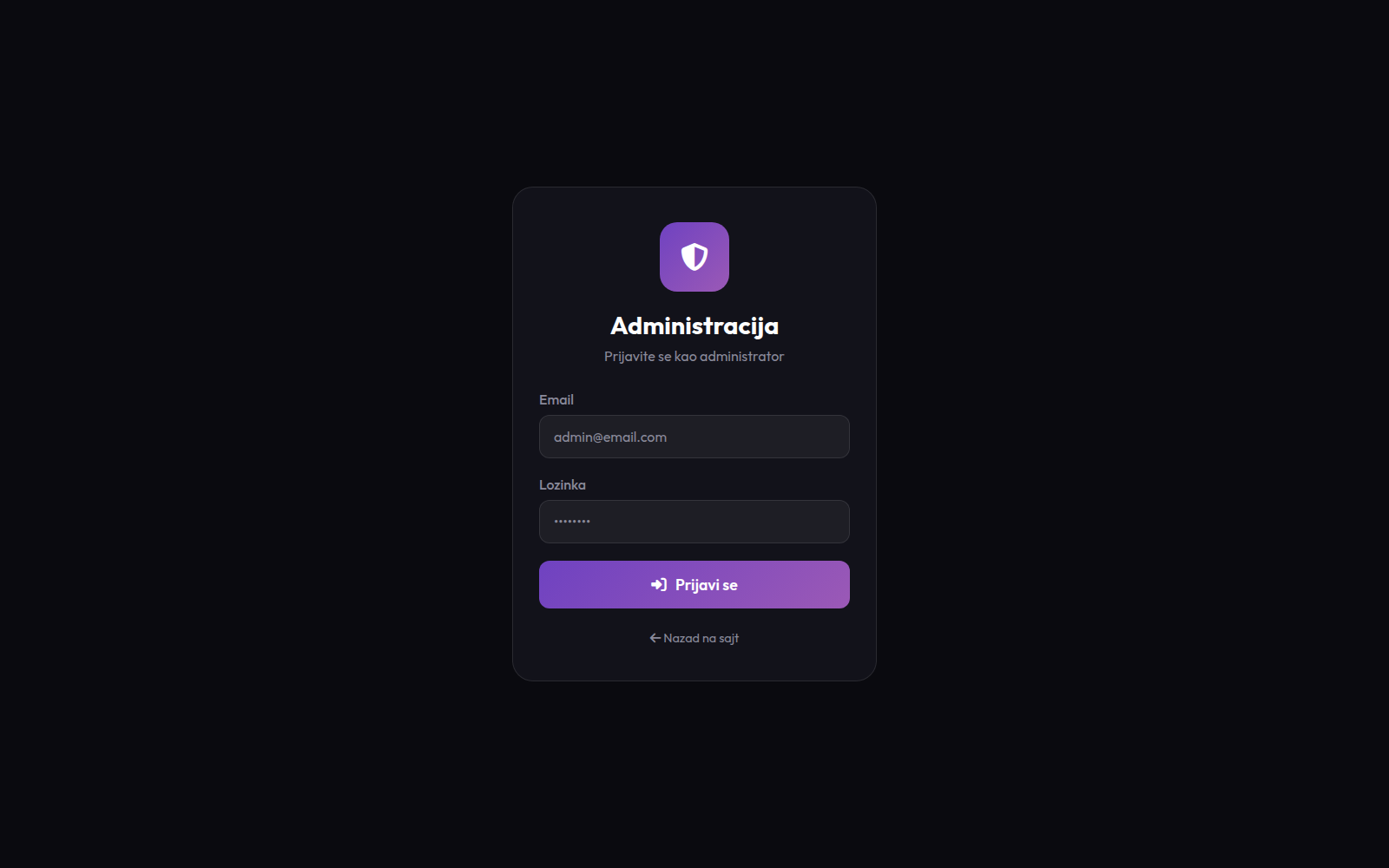 Login ekran admin panela — kratak i siguran