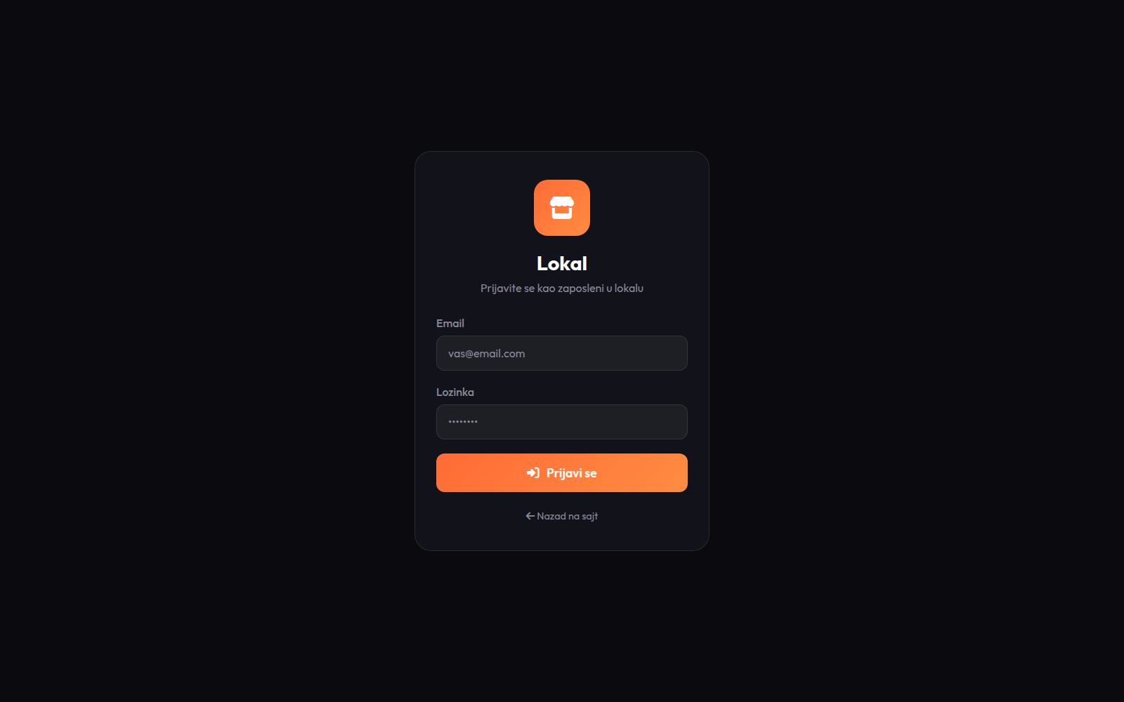 Login ekran panela za lokal