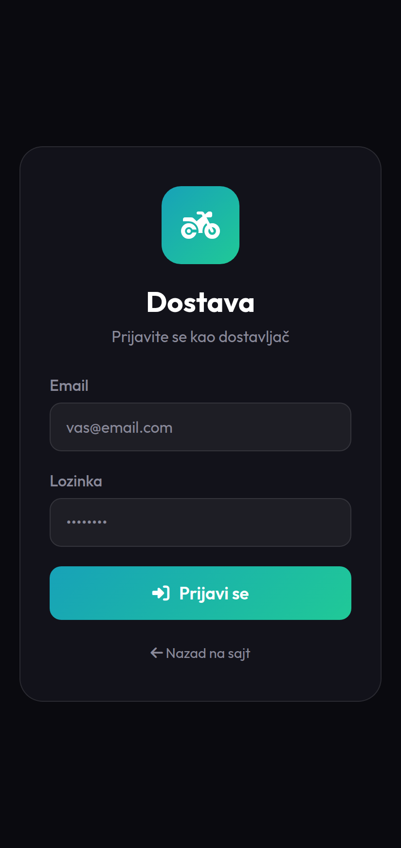Login ekran aplikacije za dostavljača