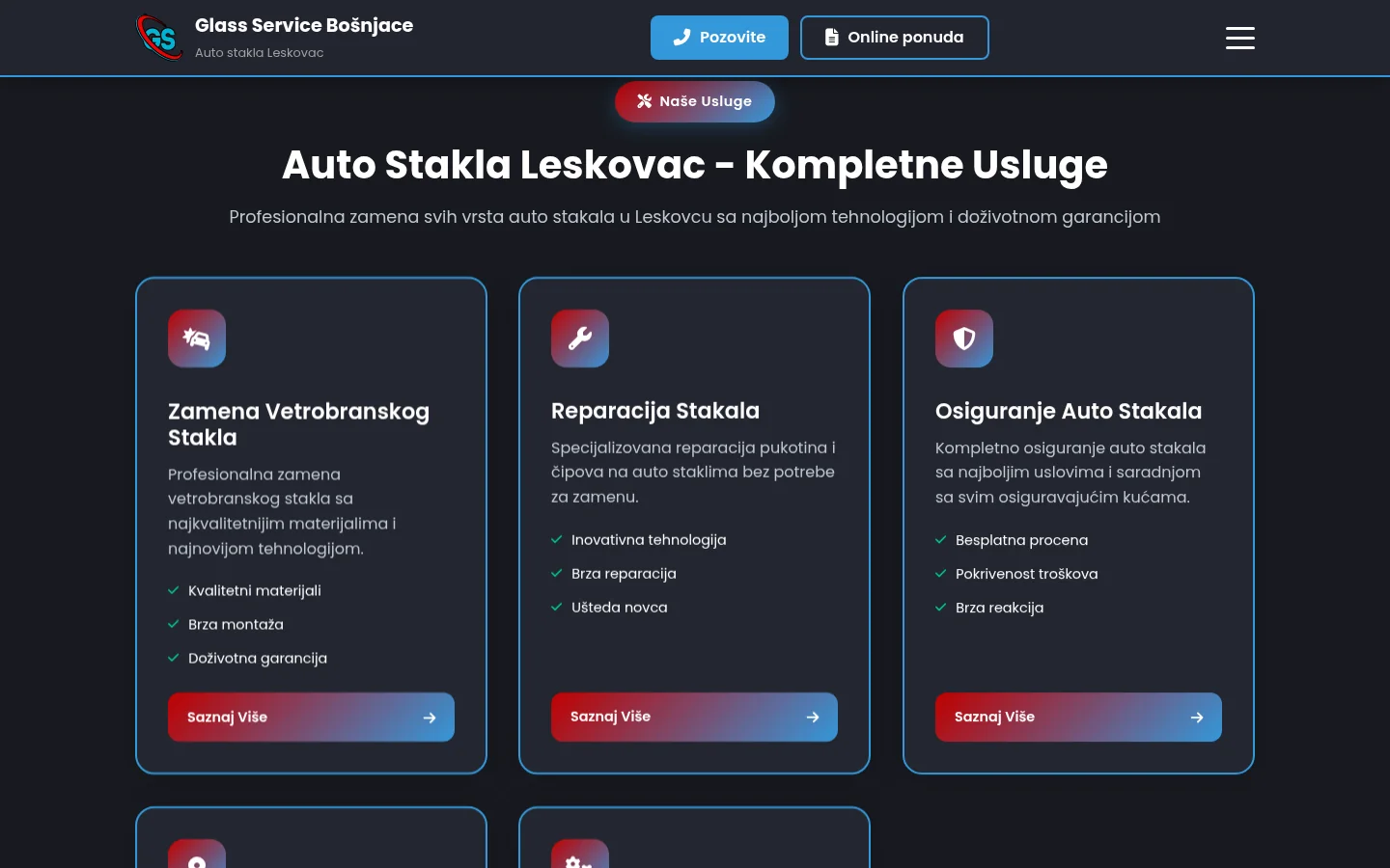 Kartice usluga na sajtu Glass Service Bošnjace: zamena vetrobranskog stakla, reparacija, osiguranje