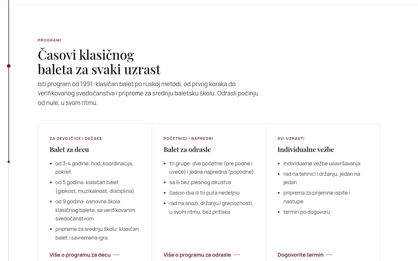 Sekcija sa programima: balet za decu, balet za odrasle i individualne vežbe