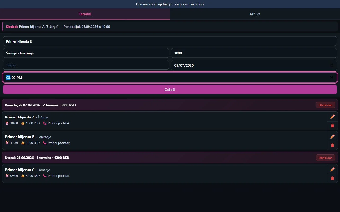 Add an appointment. View with sample data.